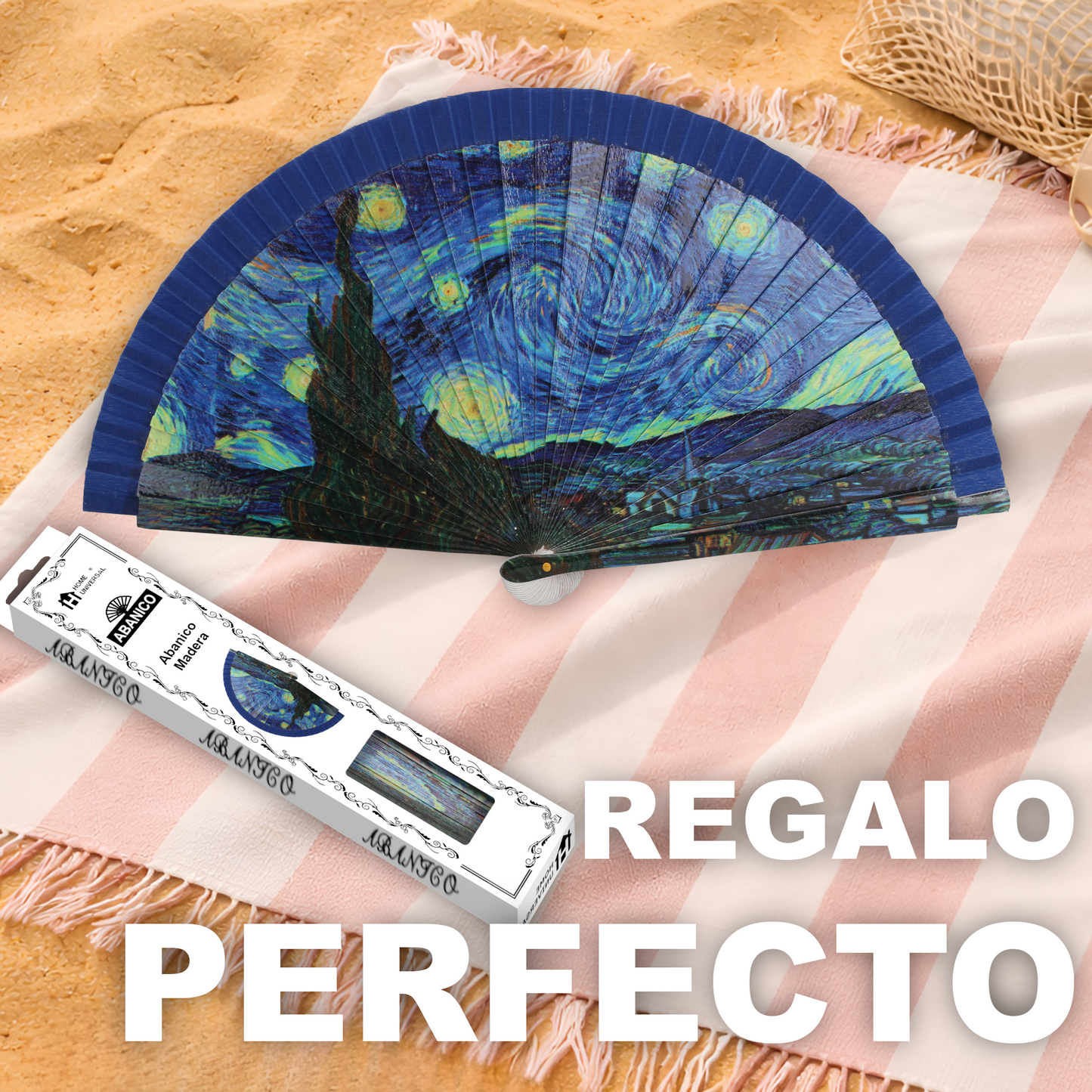 Home Universal®  Abanico 23CM DE Madera Lisa con Tela de Marfil, Abanico de Madera Adornado, Abanico Original - La Noche Estrellada de Vincent Van Gogh