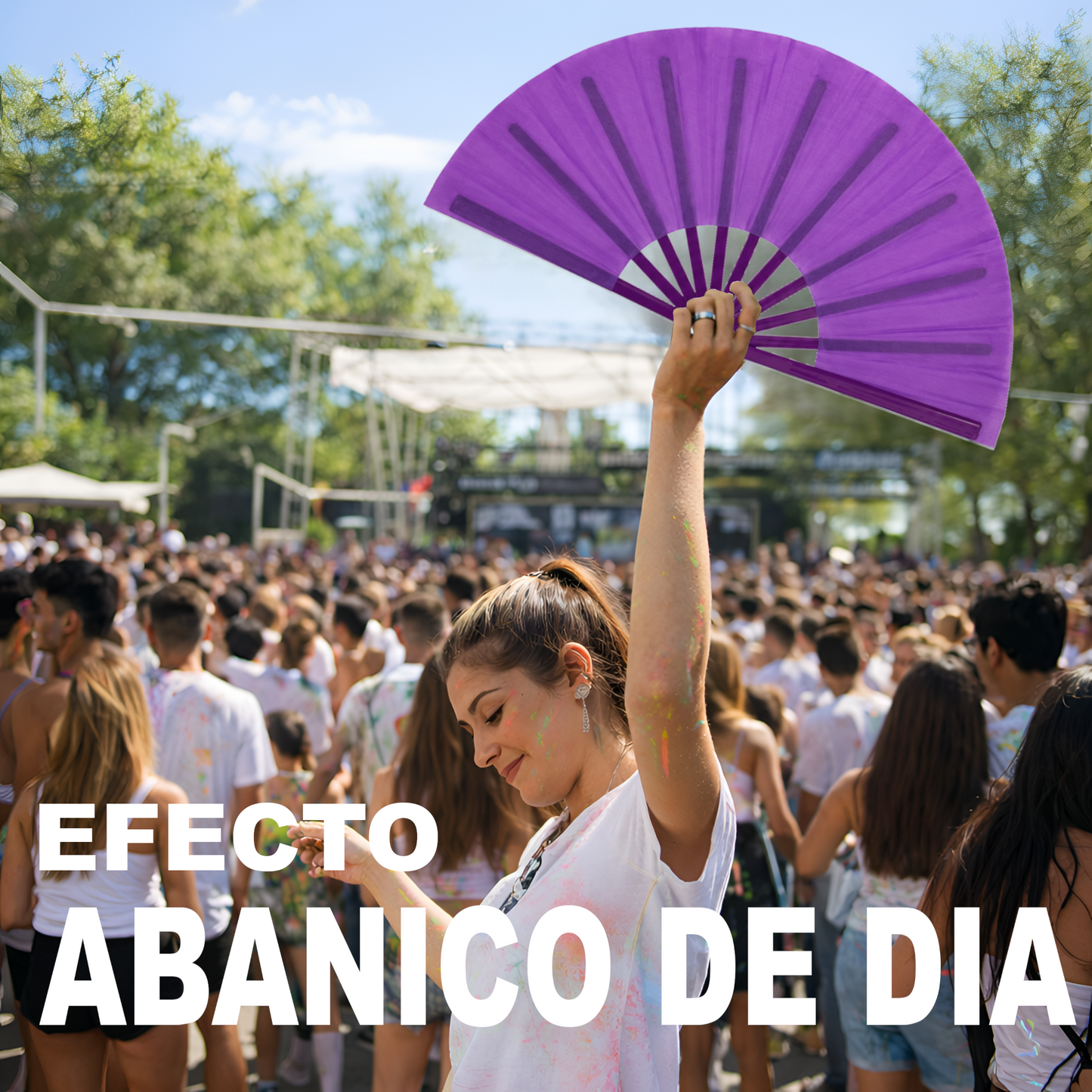 Home Universal® Abanico XXL 33 cm Grande de Plástico con Caja – Plegable, Ligero y Resistente – Efecto Fluorescente Brillante – Ideal para Verano, Fiesta, Discoteca, Pride y Eventos - Morado (Liso)