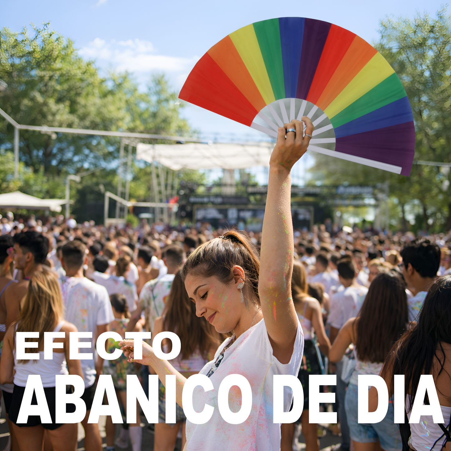 Home Universal® Abanico XXL 33 cm Grande de Plástico con Caja – Plegable, Ligero y Resistente – Efecto Fluorescente Brillante – Ideal para Verano, Fiesta, Discoteca, Pride y Eventos (Arcoíris Vivo - Estampado)