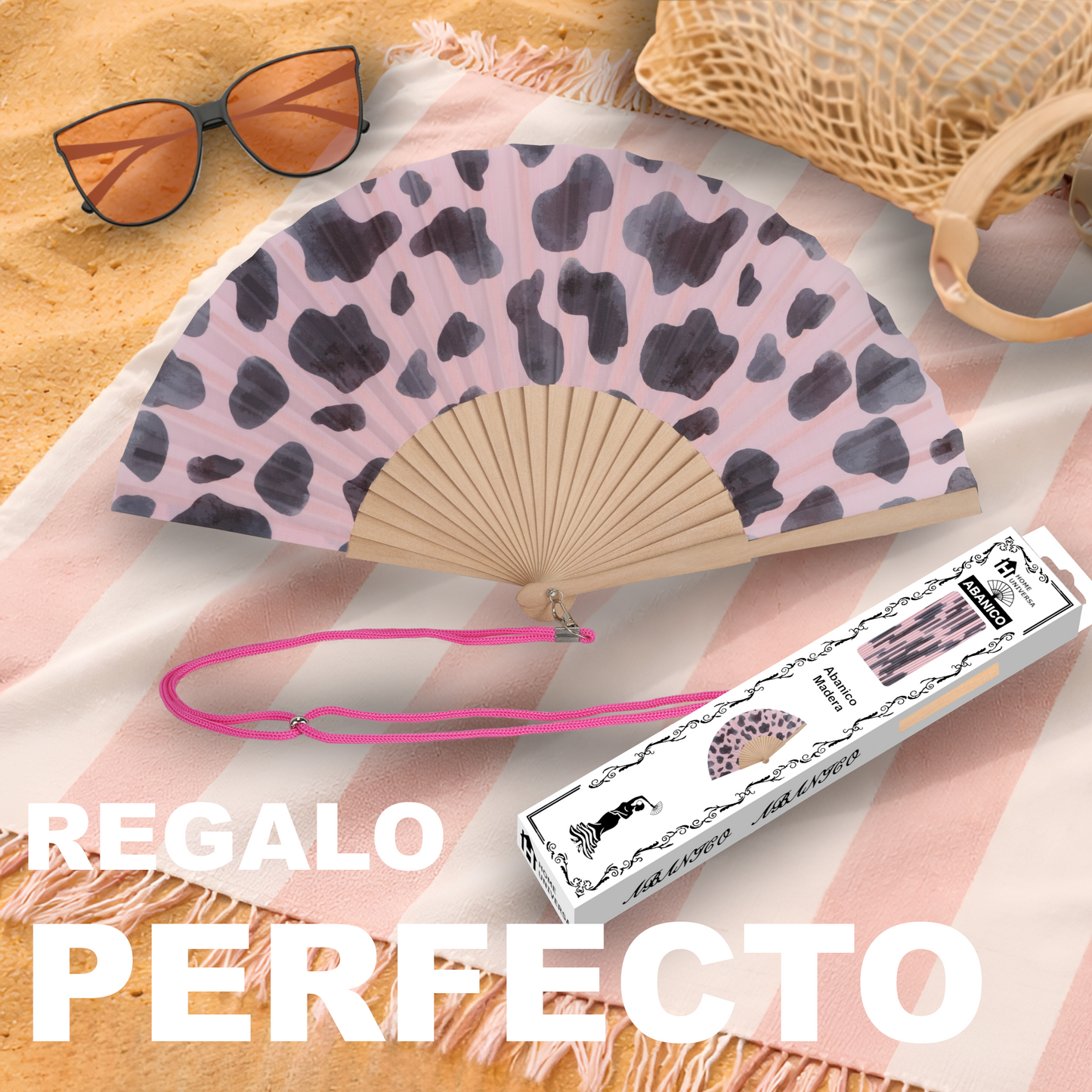 Home Universal® Abanico 23 cm con Cuerda para Cuello – Abanico Plegable de Madera Ligero y Portátil – Accesorio de Verano para Playa, Festivales, Bodas y Eventos – Diseño Divertido, Ideal para Viajes y Calor (Vaca Rosa)