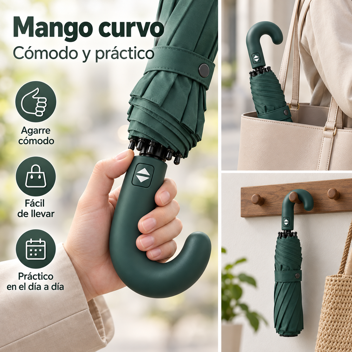 Home Universal® Paraguas Automático Plegable Grande, Compacto y Resistente, para Lluvia y Sol (Mango Curvo (Verde))