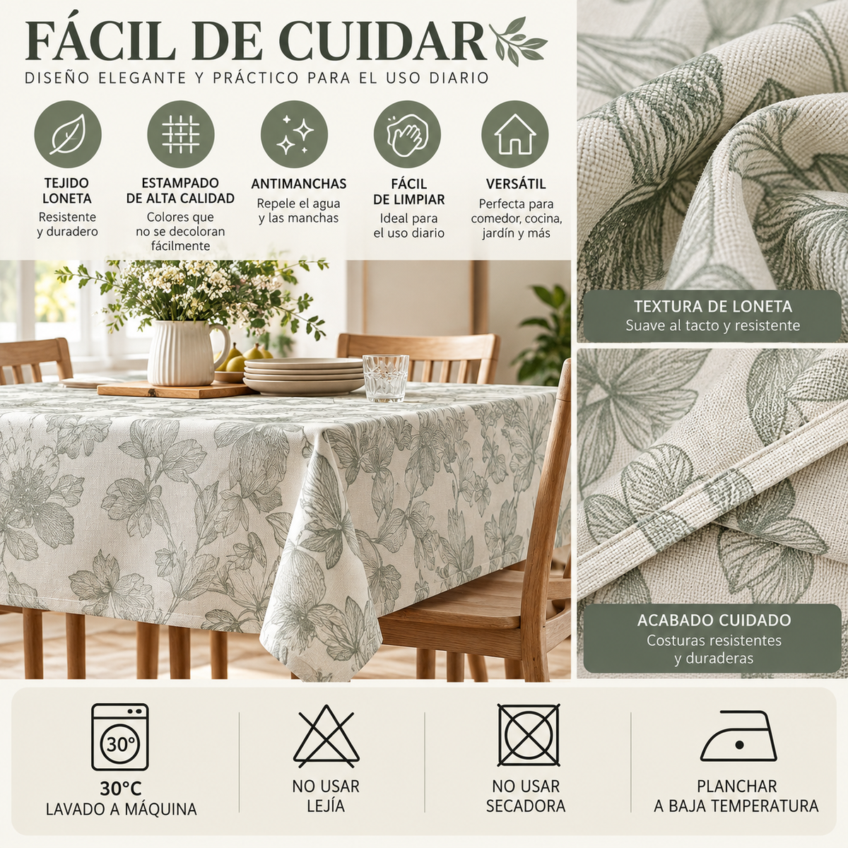 Home Universal® Mantel de Mesa Impermeable y Antimanchas, Tejido de Loneta con Efecto Lino , Liso o Estampado, para Cocina y Comedor (Flores Botánicas)