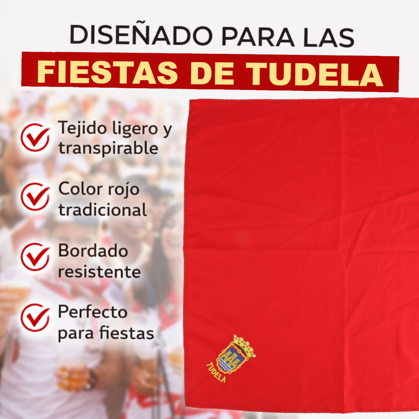 Home Universal® Pañuelo Rojo para Fiestas de Tudela Santa Ana – Tradicional, Cómodo y Resistente para Celebraciones y Eventos Populares (Pañuelo Rojo - Bordado de Escudo Tudela, Modelo 02)