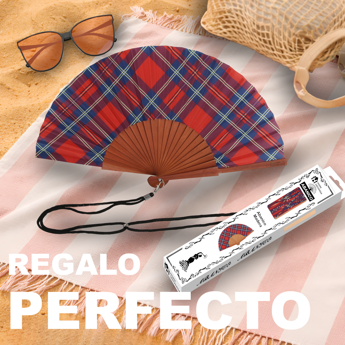 Home Universal® Abanico de Madera con Tela 23 cm, Abanico Plegable de Mano con Cordón, Ligero y Portátil para Verano, Bodas, Ferias y Fiestas (Tartán Rojo)