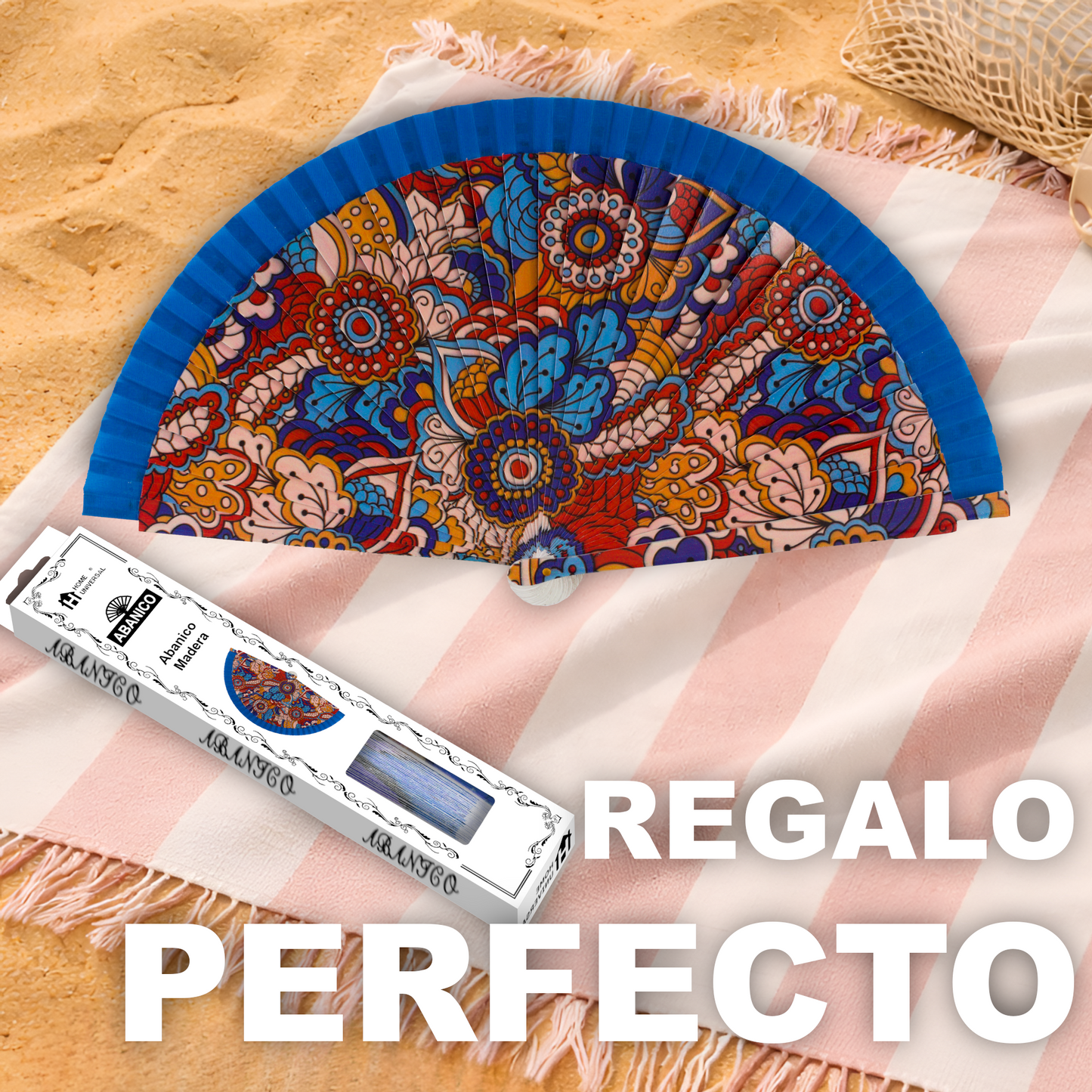 Home Universal®  Abanico 23CM DE Madera Lisa con Tela de Marfil, Abanico de Madera Adornado, Abanico Original - Estampado Floral con Tela Azul