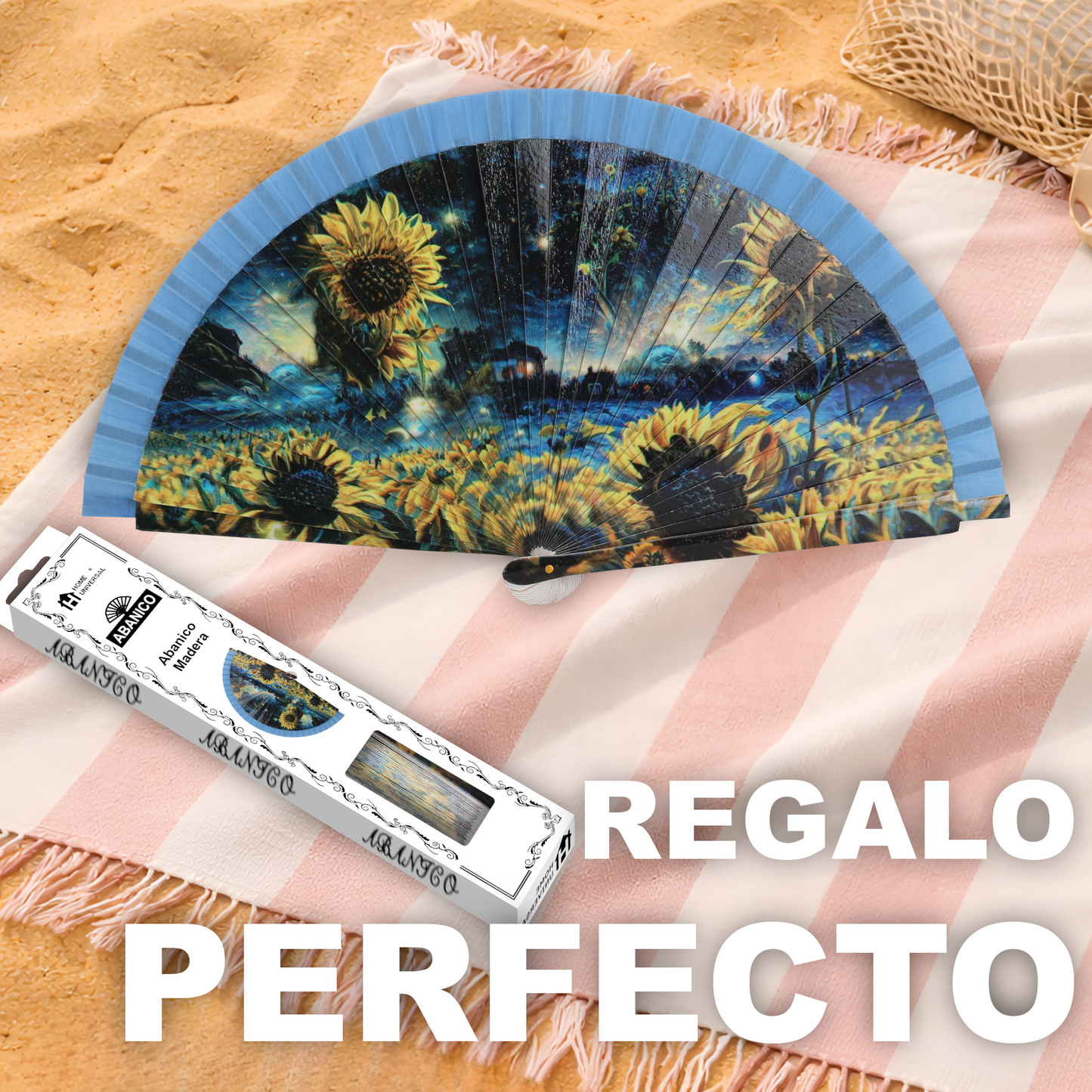 Home Universal®  Abanico 23CM DE Madera Lisa con Tela de Marfil, Abanico de Madera Adornado, Abanico Original - Girasoles de Noche (Dibujo Artístico)