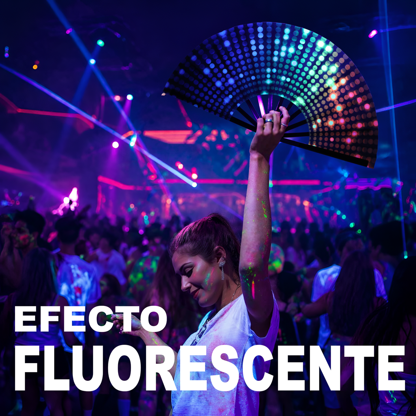 Home Universal® Abanico XXL 33 cm Grande de Plástico con Caja – Plegable, Ligero y Resistente – Efecto Fluorescente Brillante – Ideal para Verano, Fiesta, Discoteca, Pride y Eventos (Discoteca - Círculo)