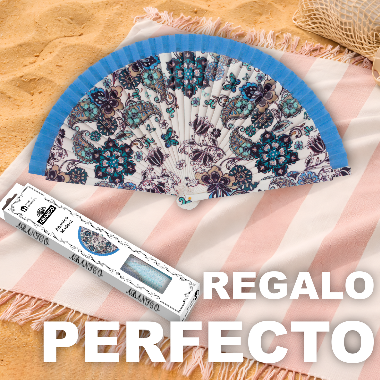 Home Universal®  Abanico 23CM DE Madera Lisa con Tela de Marfil, Abanico de Madera Adornado, Abanico Original - Estampado Floral con Tela Azul Celeste