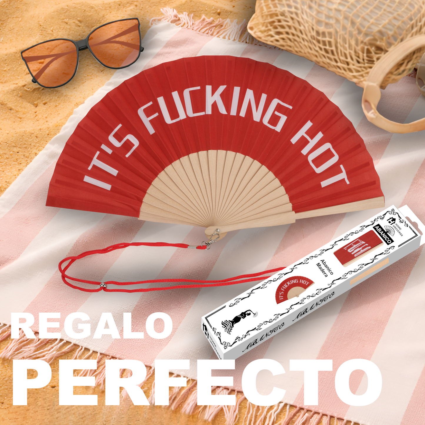 Home Universal® Abanico 23 cm con Cuerda para Cuello – Abanico Plegable de Madera Ligero y Portátil – Accesorio de Verano para Playa, Festivales, Bodas y Eventos – Diseño Divertido, Ideal para Viajes y Calor (IT´S FUC*ING HOT (Rojo))