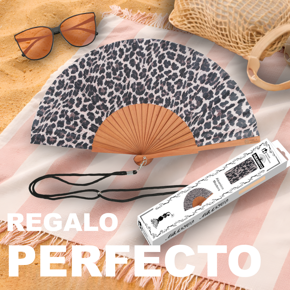 Home Universal® Abanico de Madera con Tela 23 cm, Abanico Plegable de Mano con Cordón, Ligero y Portátil para Verano, Bodas, Ferias y Fiestas (Leopardo Rosa)