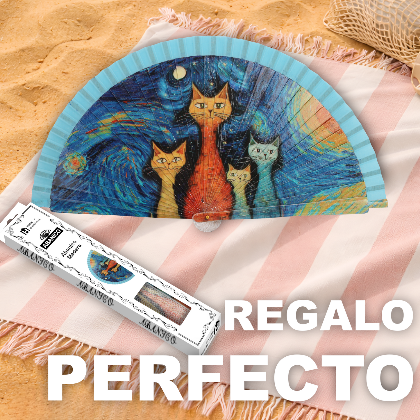 Home Universal®  Abanico 23CM DE Madera Lisa con Tela de Marfil, Abanico de Madera Adornado, Abanico Original - Cuatro Gatos (Estilo Vincent van Gogh)