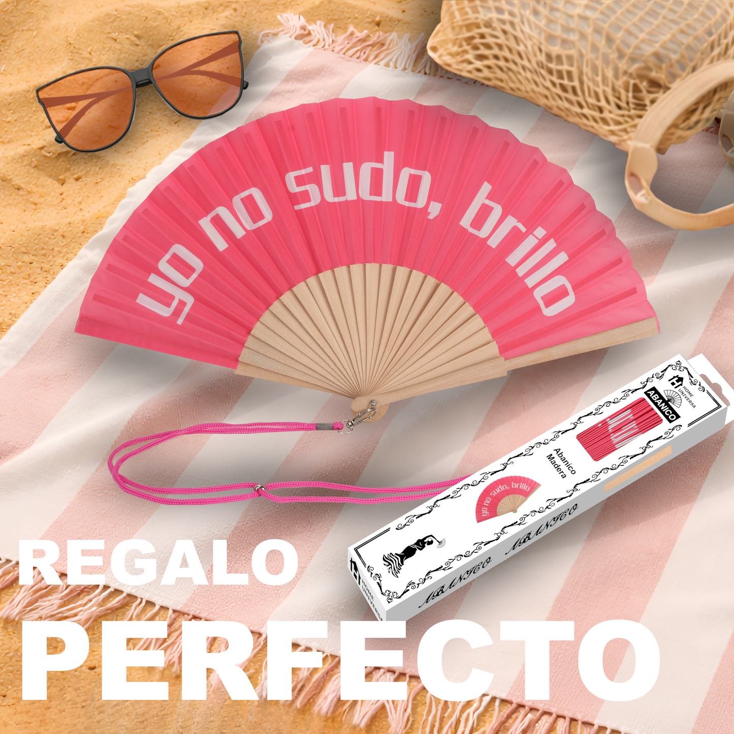 Home Universal® Abanico 23 cm con Cuerda para Cuello – Abanico Plegable de Madera Ligero y Portátil – Accesorio de Verano para Playa, Festivales, Bodas y Eventos – Diseño Divertido, Ideal para Viajes y Calor (yo no sudo, brillo (Rosa))