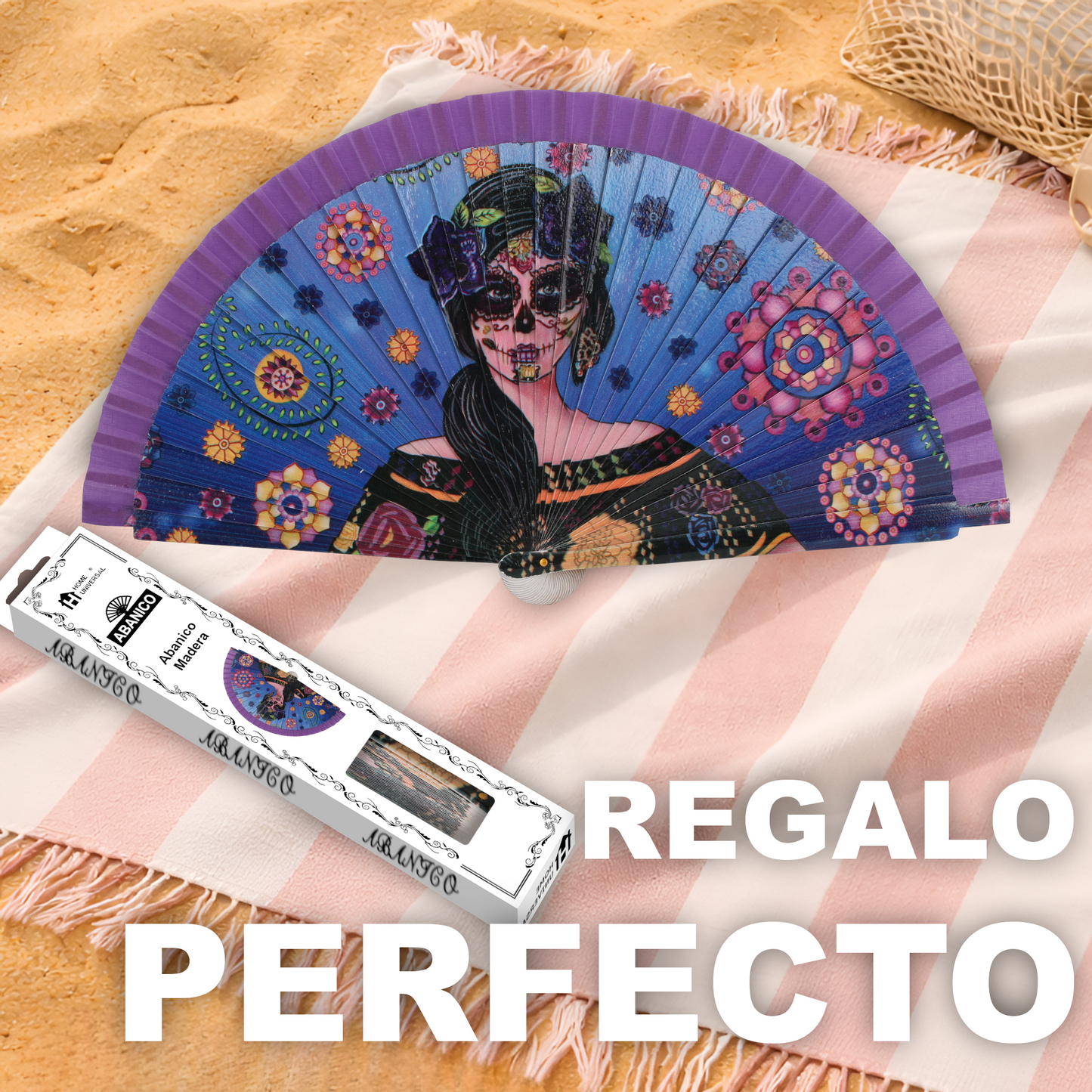 Home Universal®  Abanico 23CM DE Madera Lisa con Tela de Marfil, Abanico de Madera Adornado, Abanico Original - Frida Kahlo (Dibujo Artístico)