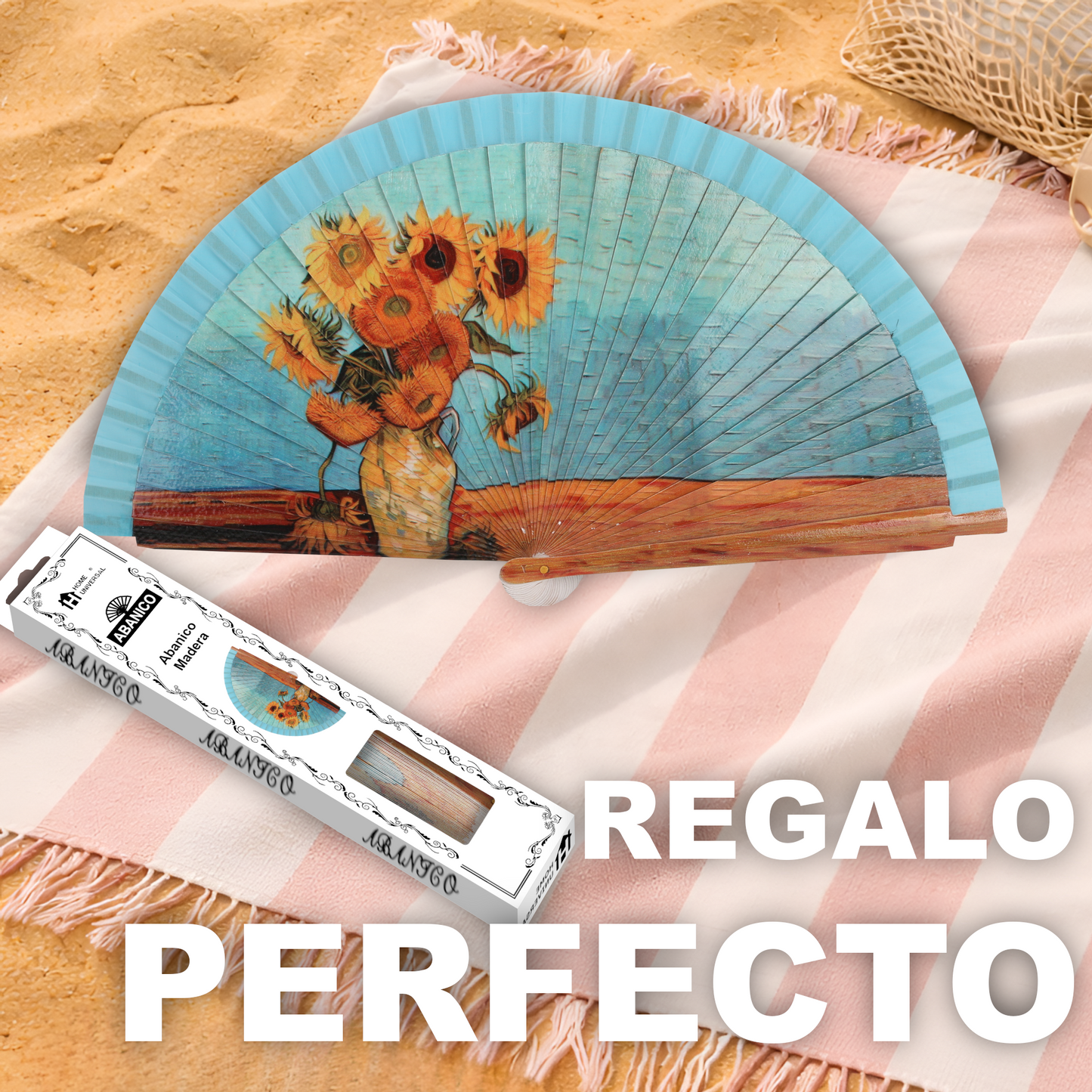 Home Universal®  Abanico 23CM DE Madera Lisa con Tela de Marfil, Abanico de Madera Adornado, Abanico Original - Los Girasoles de Vincent Van Gogh