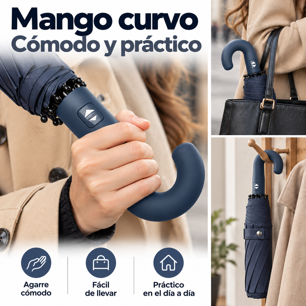 Home Universal® Paraguas Automático Plegable Grande, Compacto y Resistente, para Lluvia y Sol (Mango Curvo (Azul))