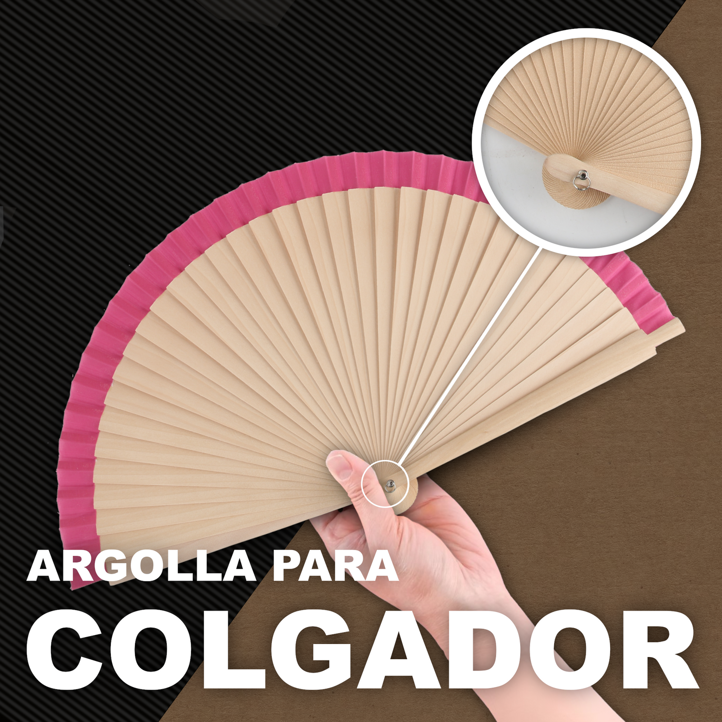Home Universal®  Abanicos de Madera con Argolla para Cuello, Plegables con Tela en Varios Colores - Ligeros, Portátiles y Resistentes para Eventos, Bodas y Verano - Rosa 23 CM (12 Unidades)