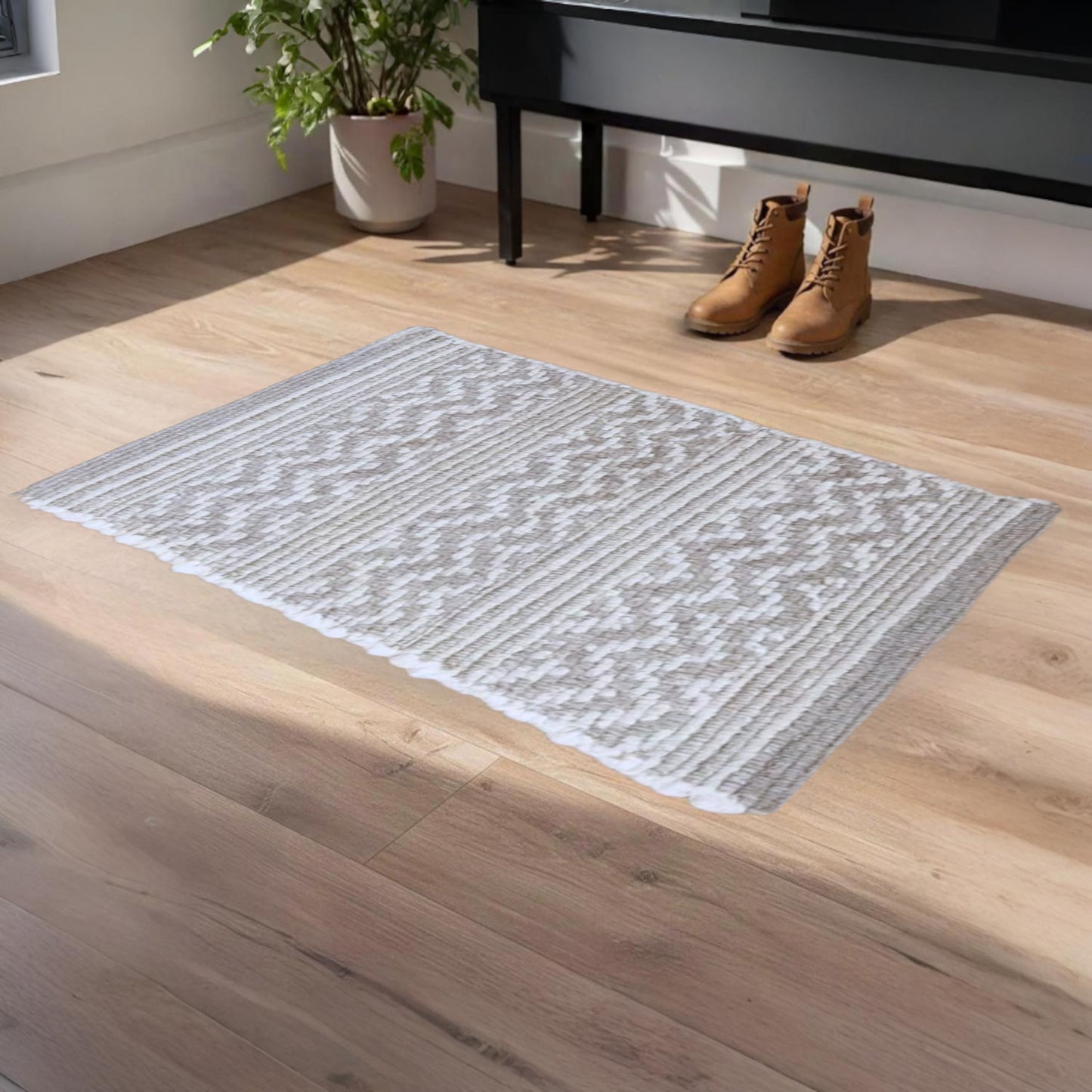 Home Universal® Alfombra Jarapa de Algodón Lavable | Diseño Geométrico Artesanal | Decoración Boho Mediterránea para Salón, Dormitorio, Pasillo y Cocina | Suave, Ligera y Resistente | Gris (Rayas y Zigzag)