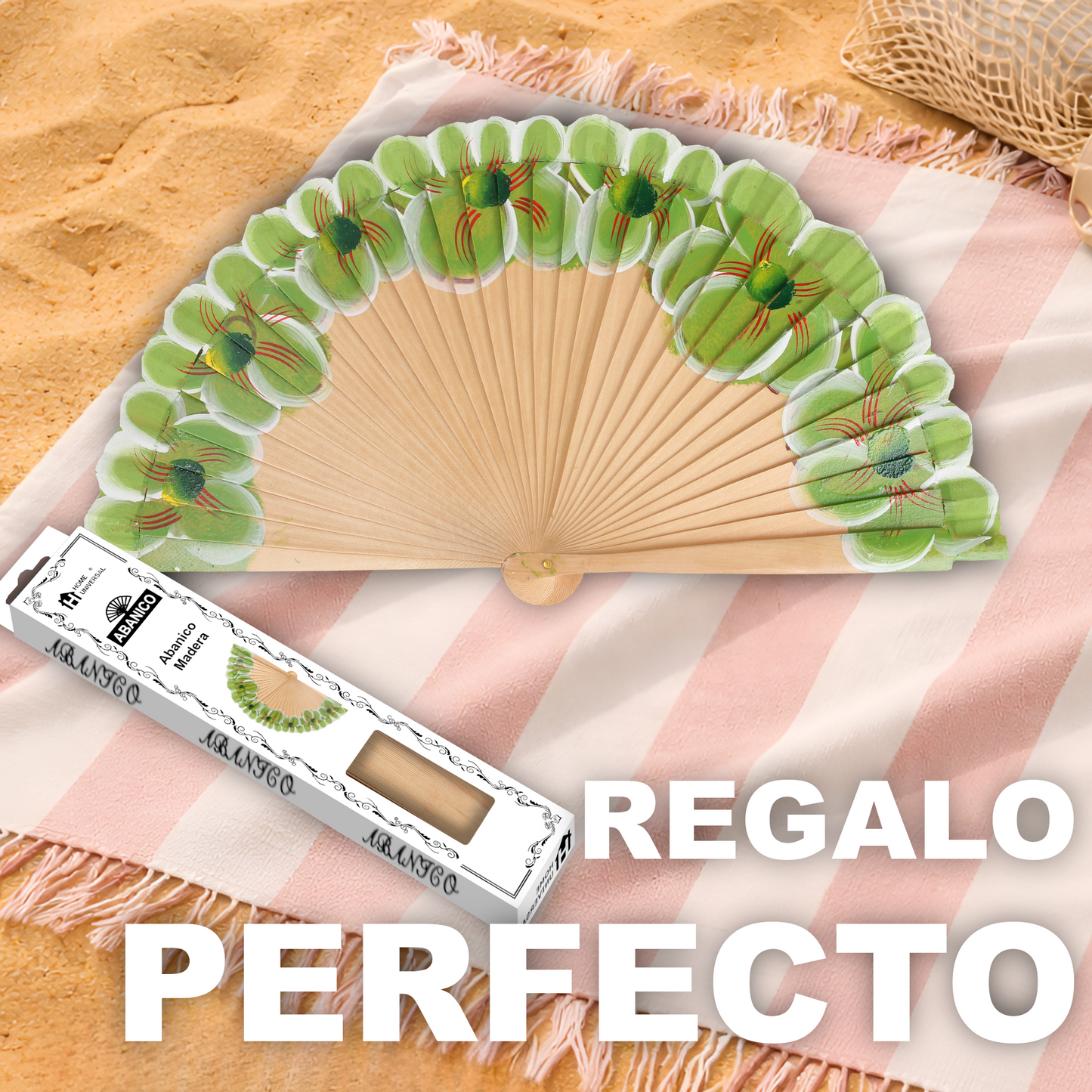 Home Universal®  Abanico 23CM DE Madera Lisa con Tela de Marfil, Abanico de Madera Adornado, Abanico Original - Floral Verde