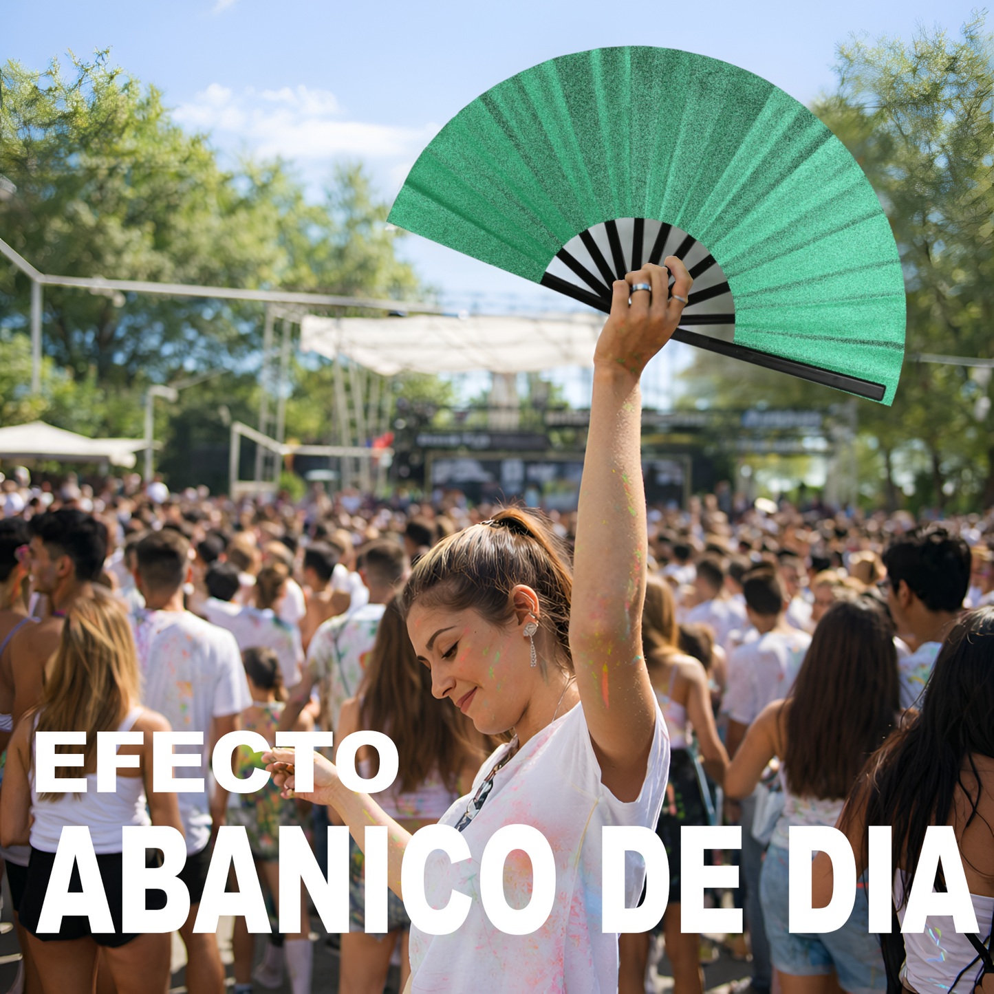 Home Universal® Abanico XXL 33 cm Grande de Plástico con Caja – Plegable, Ligero y Resistente – Efecto Fluorescente Brillante – Ideal para Verano, Fiesta, Discoteca, Pride y Eventos - Verde Oscuro (Purpurina)
