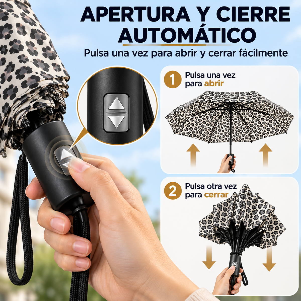 Home Universal® Paraguas Automático Plegable Grande, Compacto y Resistente, para Lluvia y Sol (Automático Apertura y Cierre (Leopardo Gris))