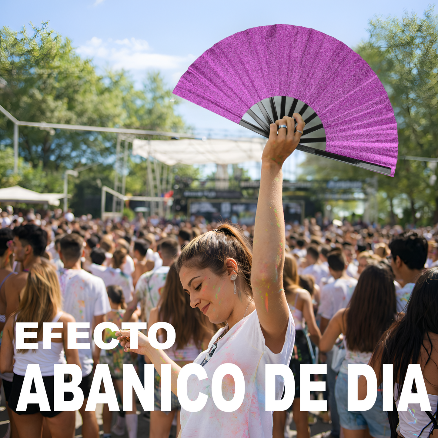 Home Universal® Abanico XXL 33 cm Grande de Plástico con Caja – Plegable, Ligero y Resistente – Efecto Fluorescente Brillante – Ideal para Verano, Fiesta, Discoteca, Pride y Eventos - Morado (Purpurina)