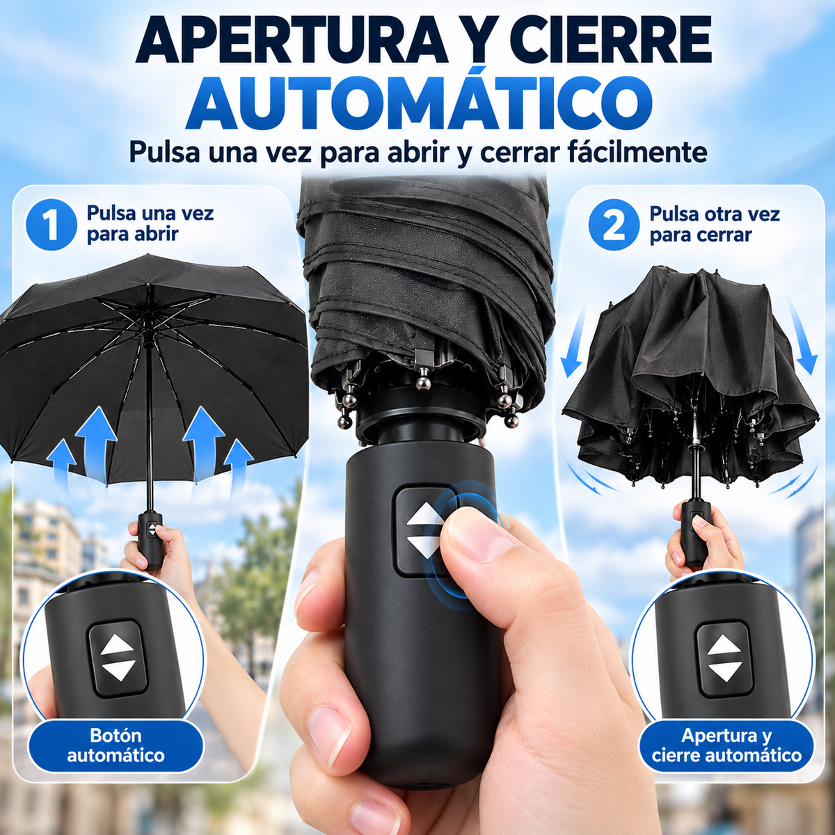 Home Universal® Paraguas Automático Plegable Grande, Compacto y Resistente, para Lluvia y Sol (Automático Apertura y Cierre (Negro))