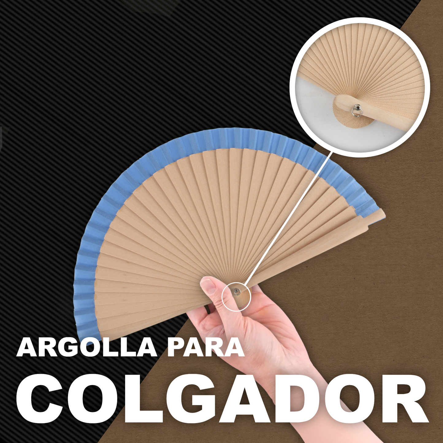 Home Universal®  Abanicos de Madera con Argolla para Cuello, Plegables con Tela en Varios Colores - Ligeros, Portátiles y Resistentes para Eventos, Bodas y Verano - Azul 19 CM (12 Unidades)