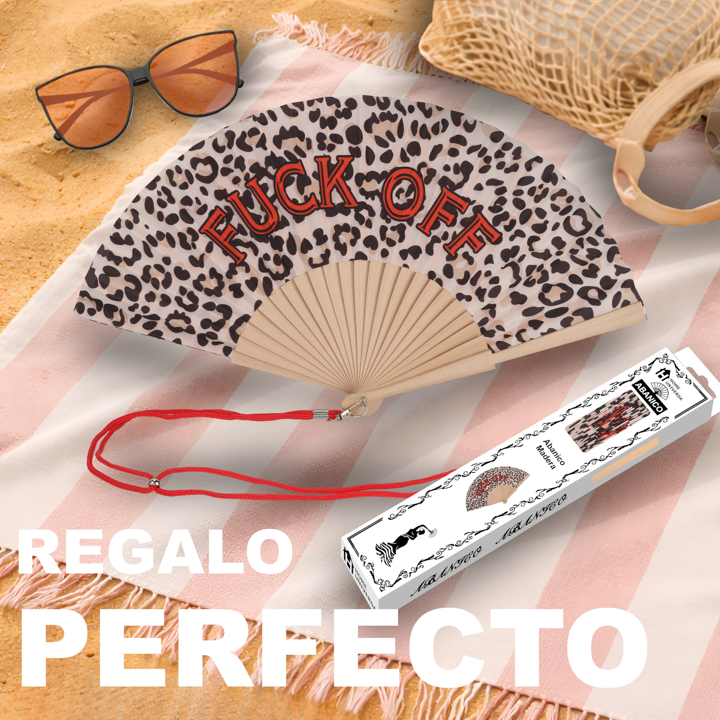 Home Universal® Abanico 23 cm con Cuerda para Cuello – Abanico Plegable de Madera Ligero y Portátil – Accesorio de Verano para Playa, Festivales, Bodas y Eventos – Diseño Divertido, Ideal para Viajes y Calor (FUC* OFF (Leopardo))