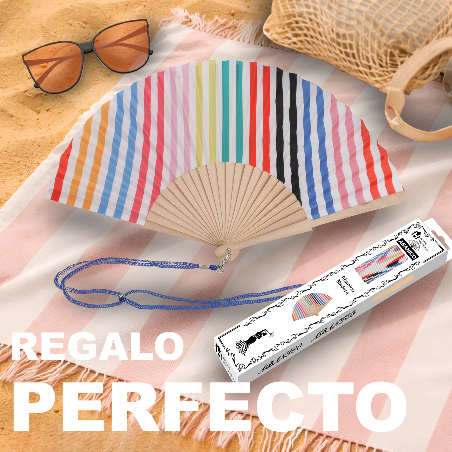 Home Universal® Abanico 23 cm con Cuerda para Cuello – Abanico Plegable de Madera Ligero y Portátil – Accesorio de Verano para Playa, Festivales, Bodas y Eventos – Diseño Divertido, Ideal para Viajes y Calor (Rayas Coloridos)