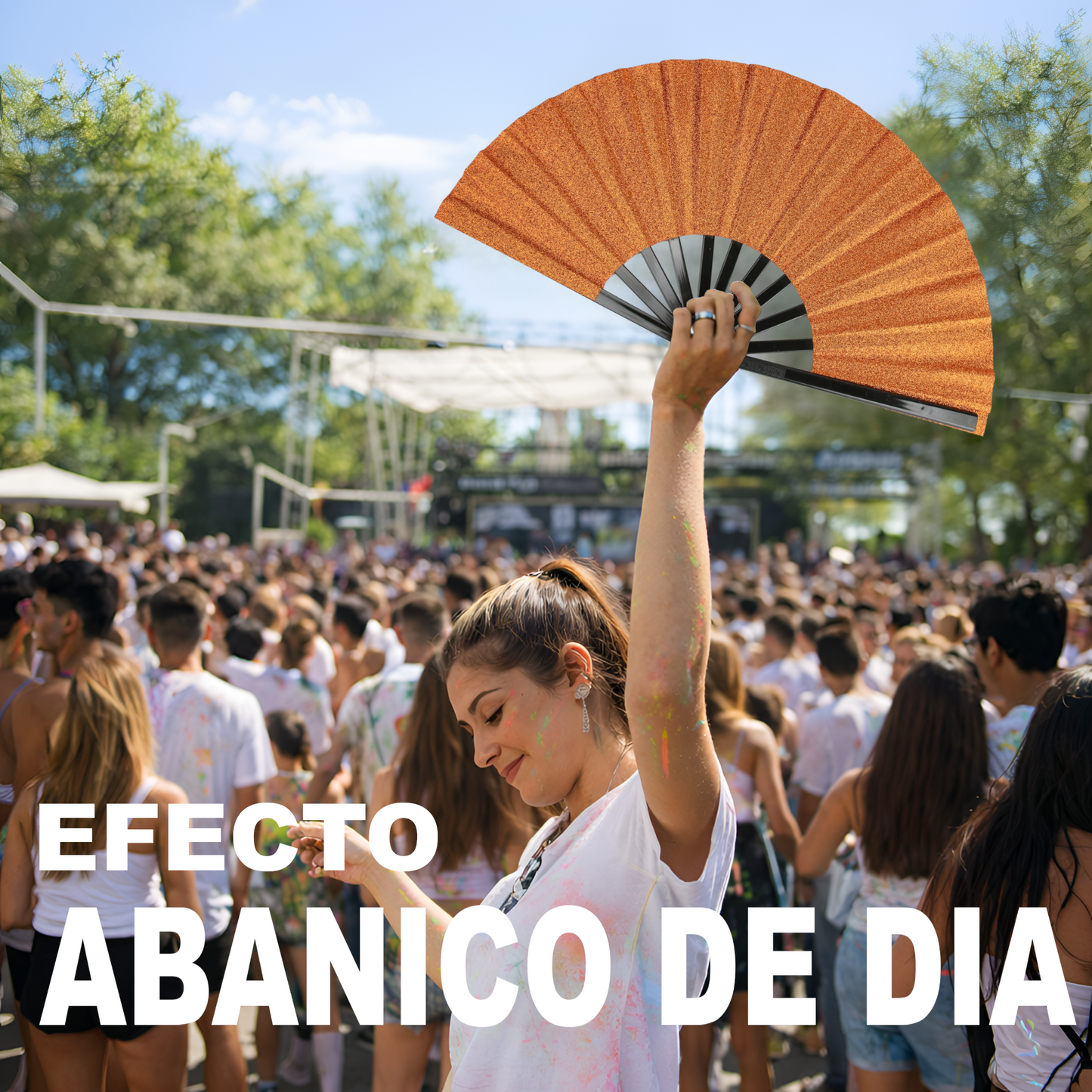 Home Universal® Abanico XXL 33 cm Grande de Plástico con Caja – Plegable, Ligero y Resistente – Efecto Fluorescente Brillante – Ideal para Verano, Fiesta, Discoteca, Pride y Eventos - Naranja (Purpurina)