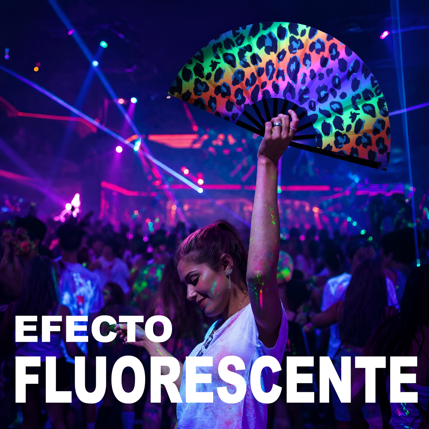 Home Universal® Abanico XXL 33 cm Grande de Plástico con Caja – Plegable, Ligero y Resistente – Efecto Fluorescente Brillante – Ideal para Verano, Fiesta, Discoteca, Pride y Eventos (Leopardo - Multicolor)