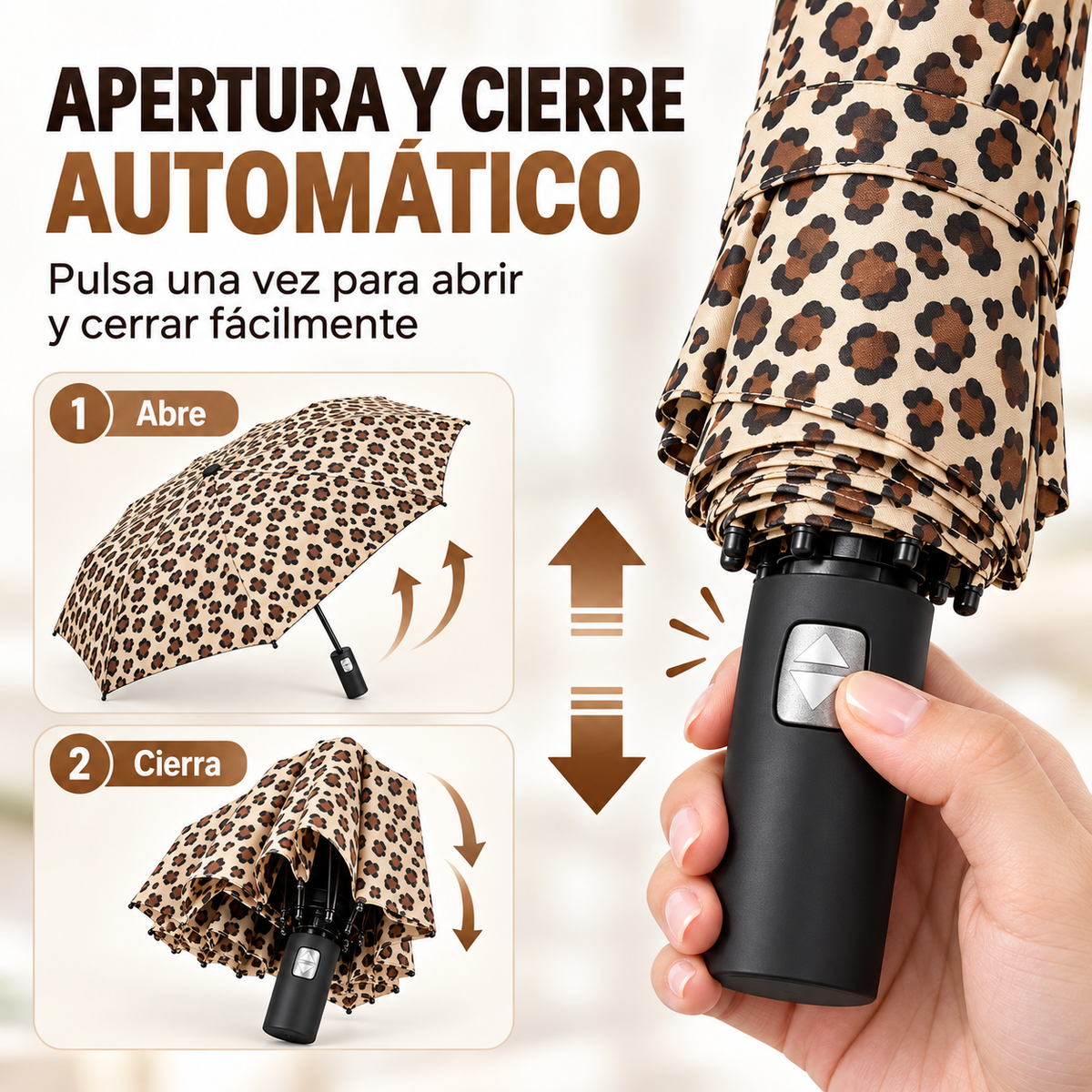 Home Universal® Paraguas Automático Plegable Grande, Compacto y Resistente, para Lluvia y Sol (Automático Apertura y Cierre (Leopardo Beige))