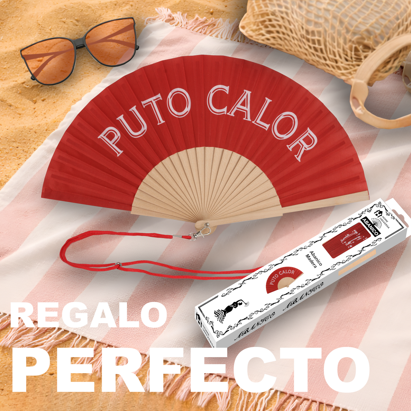 Home Universal® Abanico 23 cm con Cuerda para Cuello – Abanico Plegable de Madera Ligero y Portátil – Accesorio de Verano para Playa, Festivales, Bodas y Eventos – Diseño Divertido, Ideal para Viajes y Calor (P*TO CALOR (Rojo))