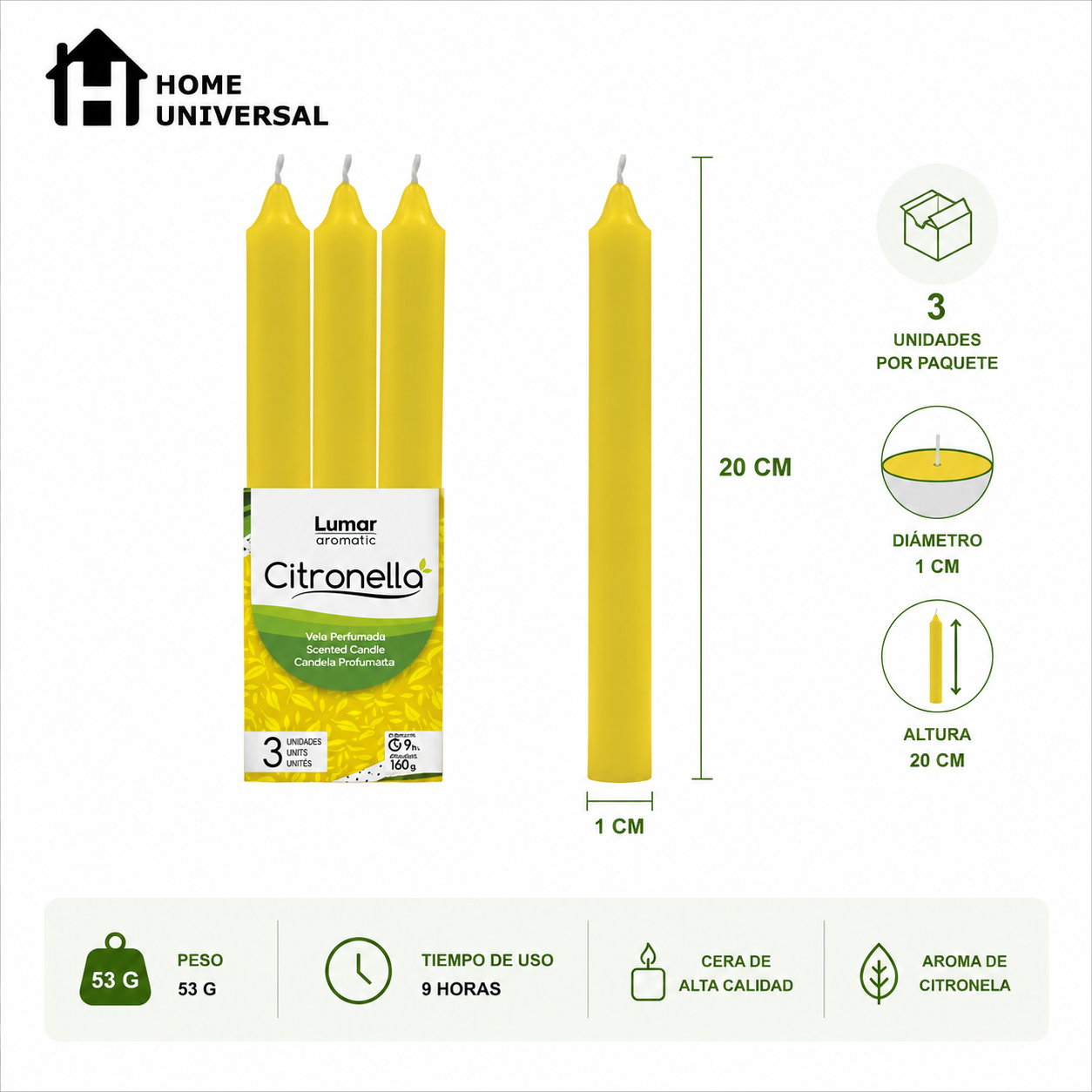 Lumar Citronela – Velas Antimosquitos para Exterior, Jardín, Terraza y Balcón | Protección Natural contra Mosquitos para Verano - Citronela Cónica Larga (18 Unidades)