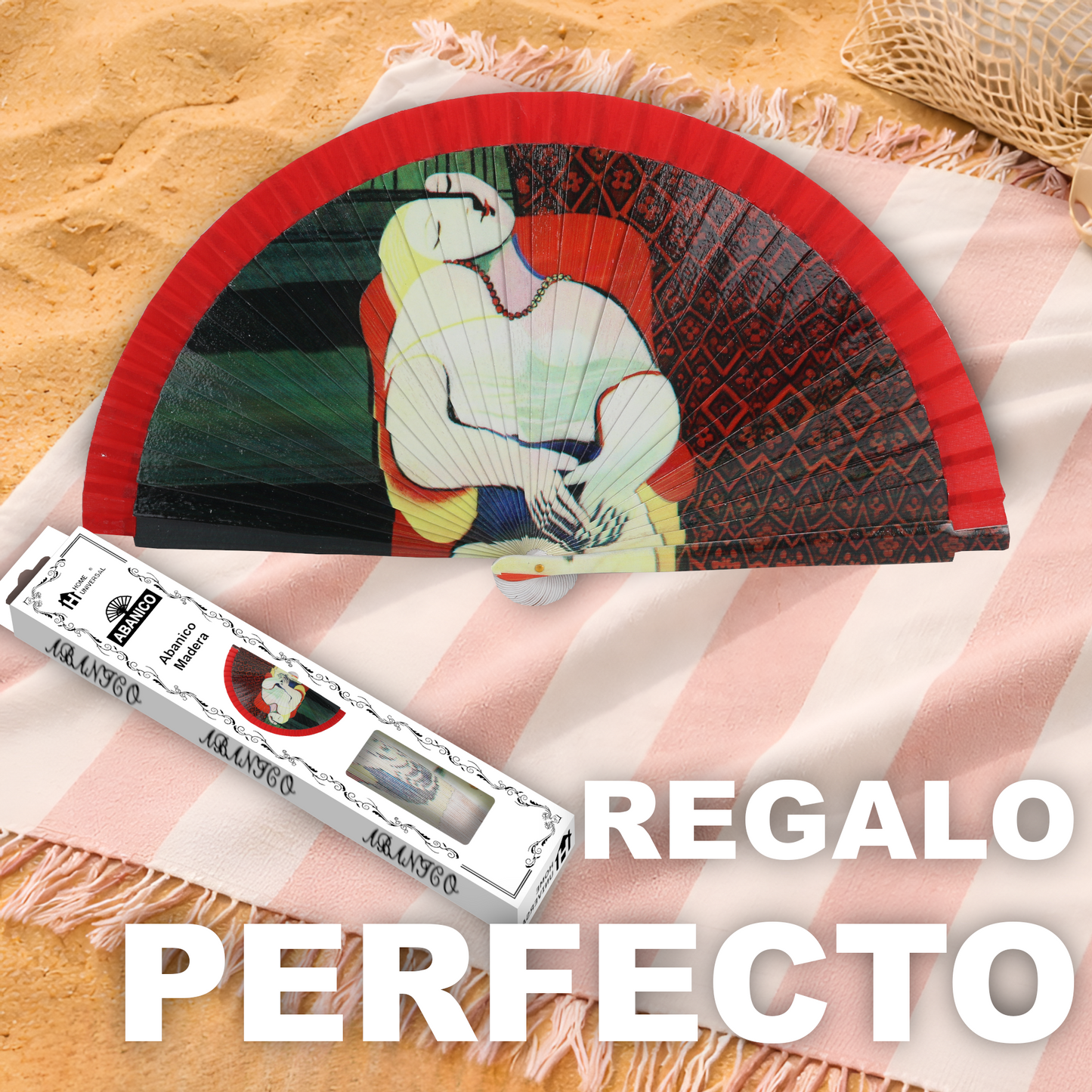 Home Universal®  Abanico 23CM DE Madera Lisa con Tela de Marfil, Abanico de Madera Adornado, Abanico Original - El sueño (Le Rêve) de Pablo Picasso