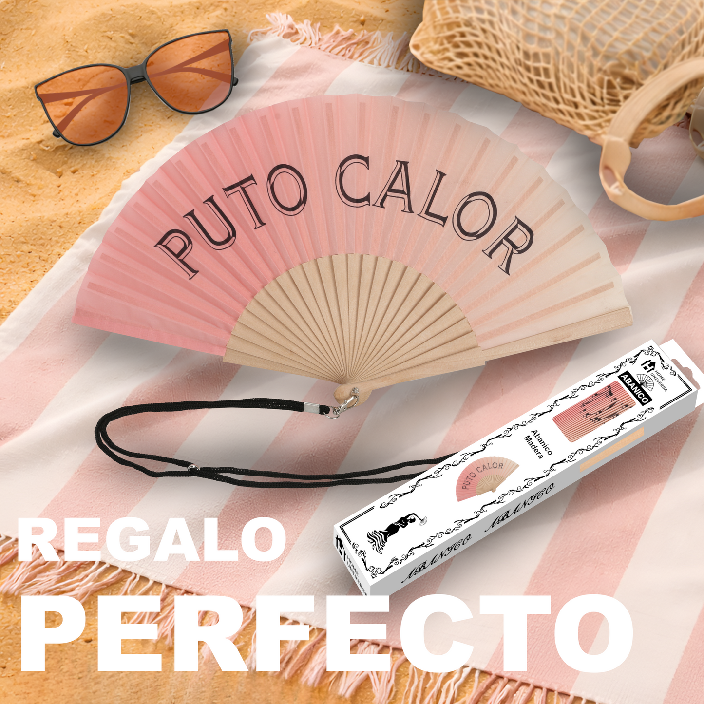 Home Universal® Abanico 23 cm con Cuerda para Cuello – Abanico Plegable de Madera Ligero y Portátil – Accesorio de Verano para Playa, Festivales, Bodas y Eventos – Diseño Divertido, Ideal para Viajes y Calor (P*TO CALOR (Coral))