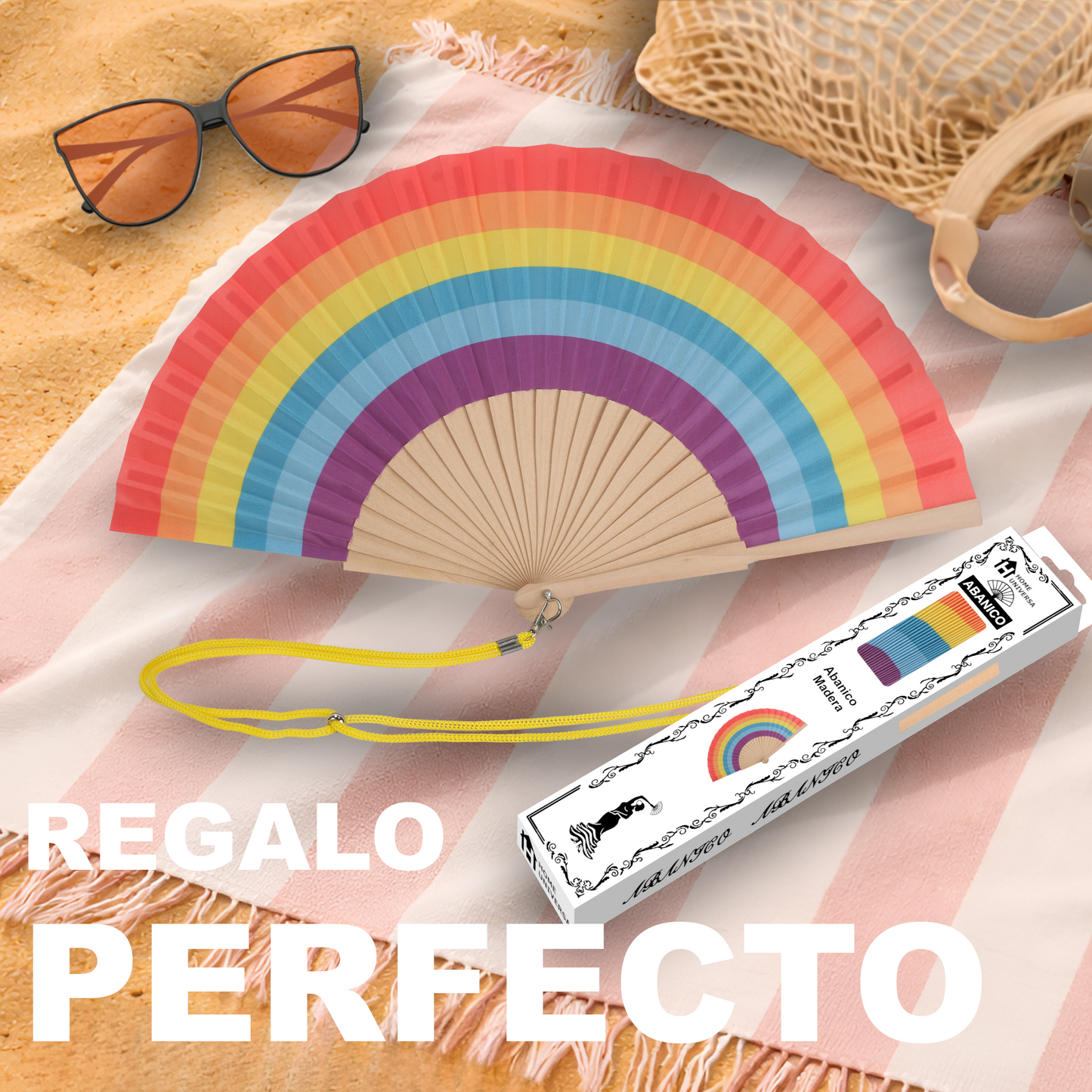 Home Universal® Abanico 23 cm con Cuerda para Cuello – Abanico Plegable de Madera Ligero y Portátil – Accesorio de Verano para Playa, Festivales, Bodas y Eventos – Diseño Divertido, Ideal para Viajes y Calor (Arcoíris Armónico)