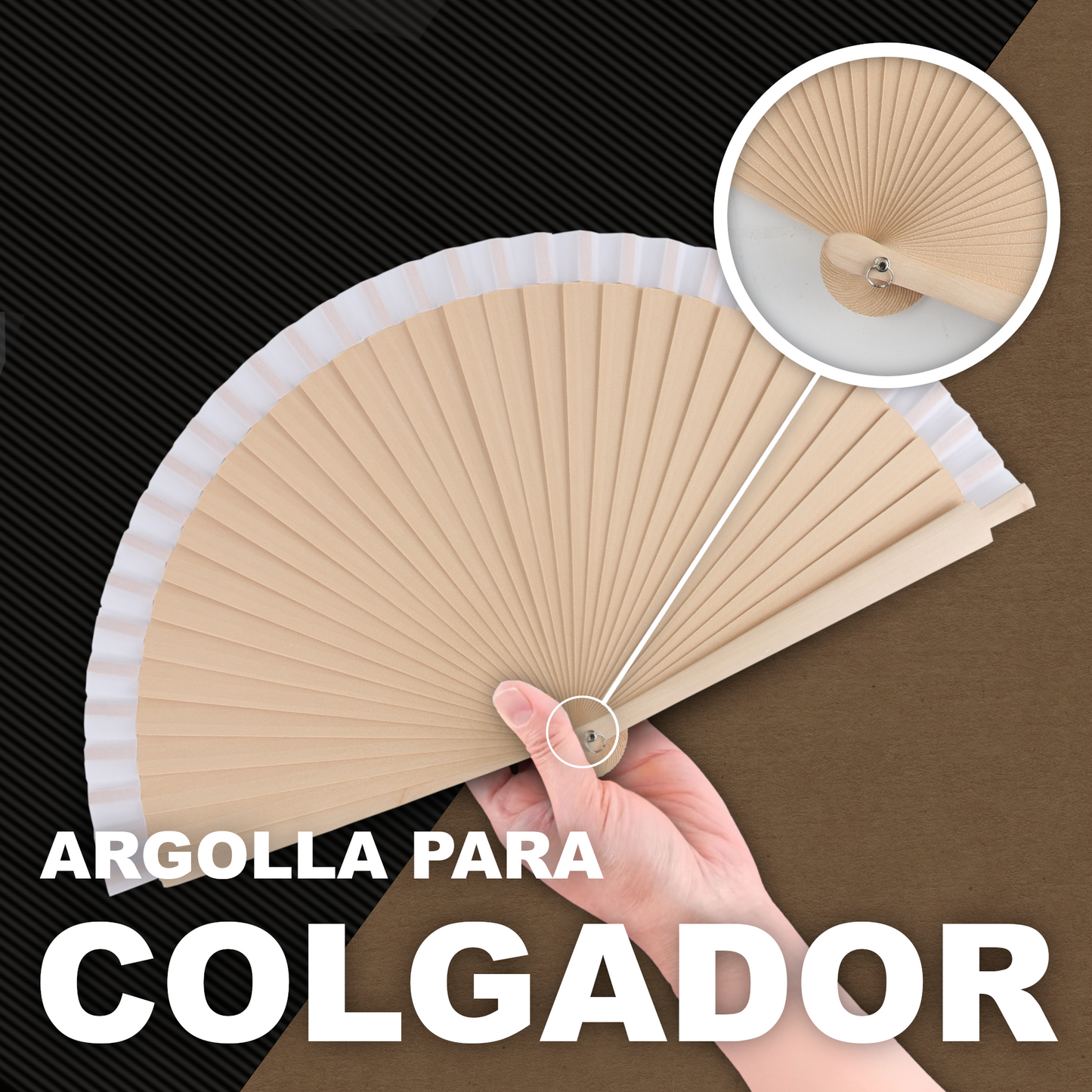 Home Universal®  Abanicos de Madera con Argolla para Cuello, Plegables con Tela en Varios Colores - Ligeros, Portátiles y Resistentes para Eventos, Bodas y Verano - Blanco 23 CM (12 Unidades)