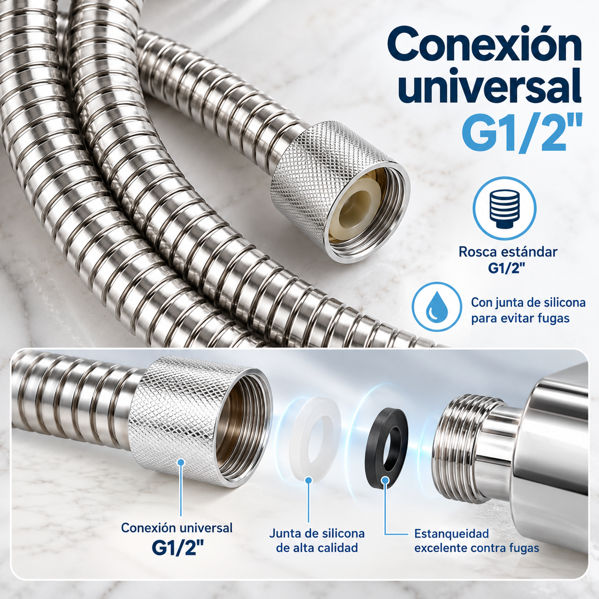 Home Universal® Manguera de Ducha Universal G1/2 – Flexible, Antienredos y Fácil de Instalar, Compatible con la Mayoría de Duchas (Plata Acero (2.5m))