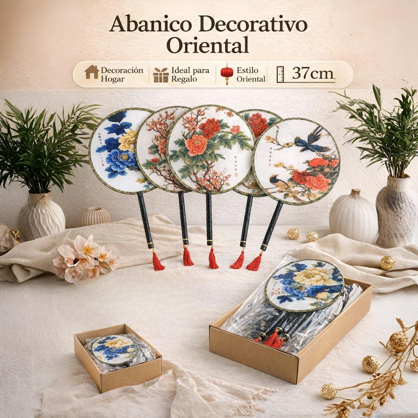 Home Universal® Abanico Redondo Chino - Imprimido de una Sola Cara – Abanico Clásico de Seda Translúcido y Sedoso con Patrón Floral y Mango de Madera – Estilo Oriental Antiguo Decorativo para Hogar o Regalo (Peonías Rojas Imperiales)