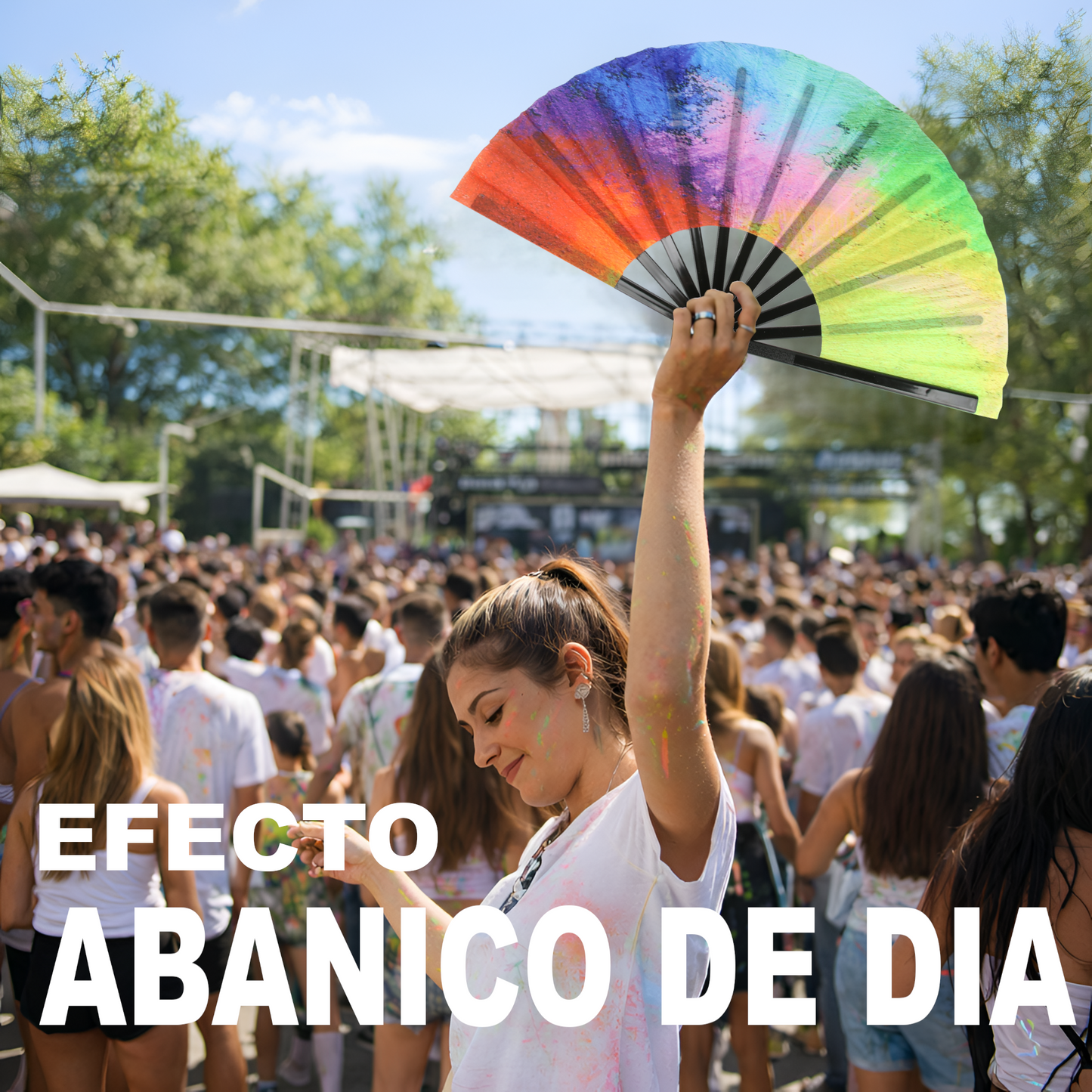 Home Universal® Abanico XXL 33 cm Grande de Plástico con Caja – Plegable, Ligero y Resistente – Efecto Fluorescente Brillante – Ideal para Verano, Fiesta, Discoteca, Pride y Eventos - Neón Arcoíris – Reacciona a la Luz UV