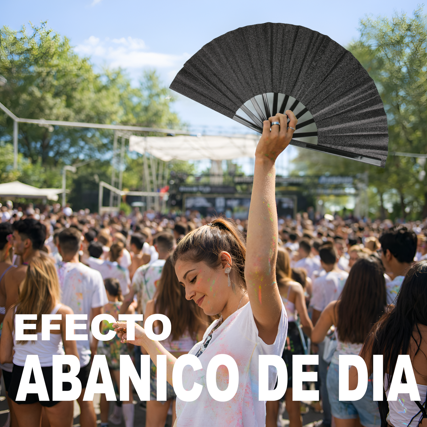Home Universal® Abanico XXL 33 cm Grande de Plástico con Caja – Plegable, Ligero y Resistente – Efecto Fluorescente Brillante – Ideal para Verano, Fiesta, Discoteca, Pride y Eventos - Negro (Purpurina)