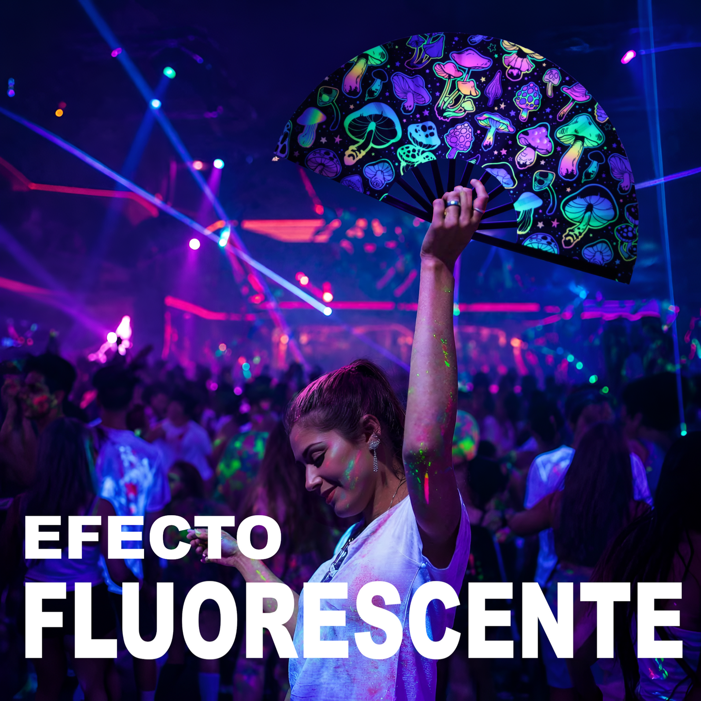 Home Universal® Abanico XXL 33 cm Grande de Plástico con Caja – Plegable, Ligero y Resistente – Efecto Fluorescente Brillante – Ideal para Verano, Fiesta, Discoteca, Pride y Eventos (Setas - Multicolor)