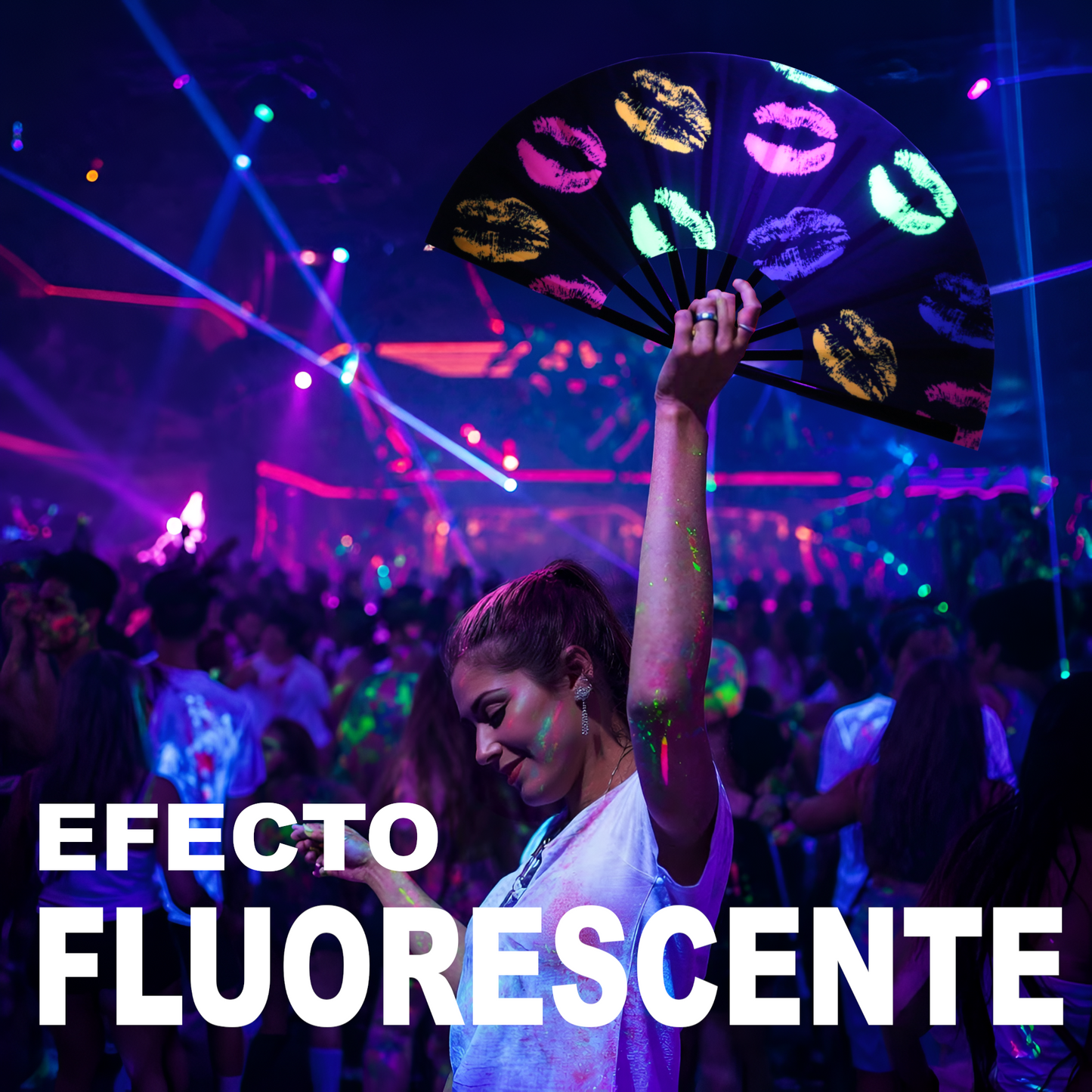 Home Universal® Abanico XXL 33 cm Grande de Plástico con Caja – Plegable, Ligero y Resistente – Efecto Fluorescente Brillante – Ideal para Verano, Fiesta, Discoteca, Pride y Eventos (Besos - Multicolor)
