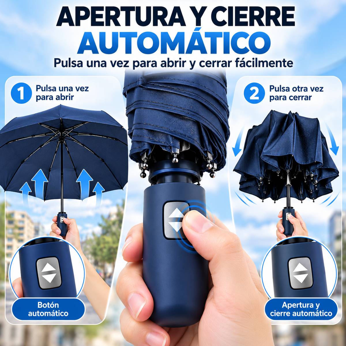 Home Universal® Paraguas Automático Plegable Grande, Compacto y Resistente, para Lluvia y Sol (Automático Apertura y Cierre (Azul))