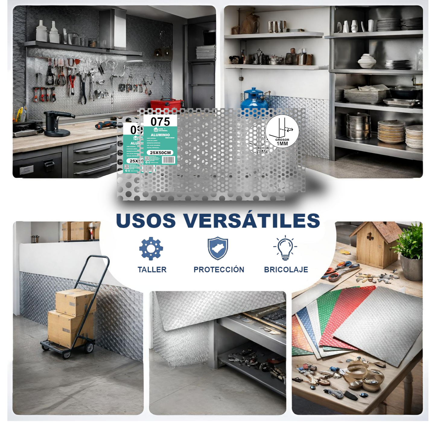 ome Universal® Chapa de Aluminio Estriada, Lisa, Malla y Perforada (Cuadrada, Ovalada, Redonda), Rugosa – Lámina Metálica Resistente Anticorrosión para Bricolaje e Industria Superficie (Perforada Redondo) - Perforada Redondo-10MM (50X50CM - 1MM)
