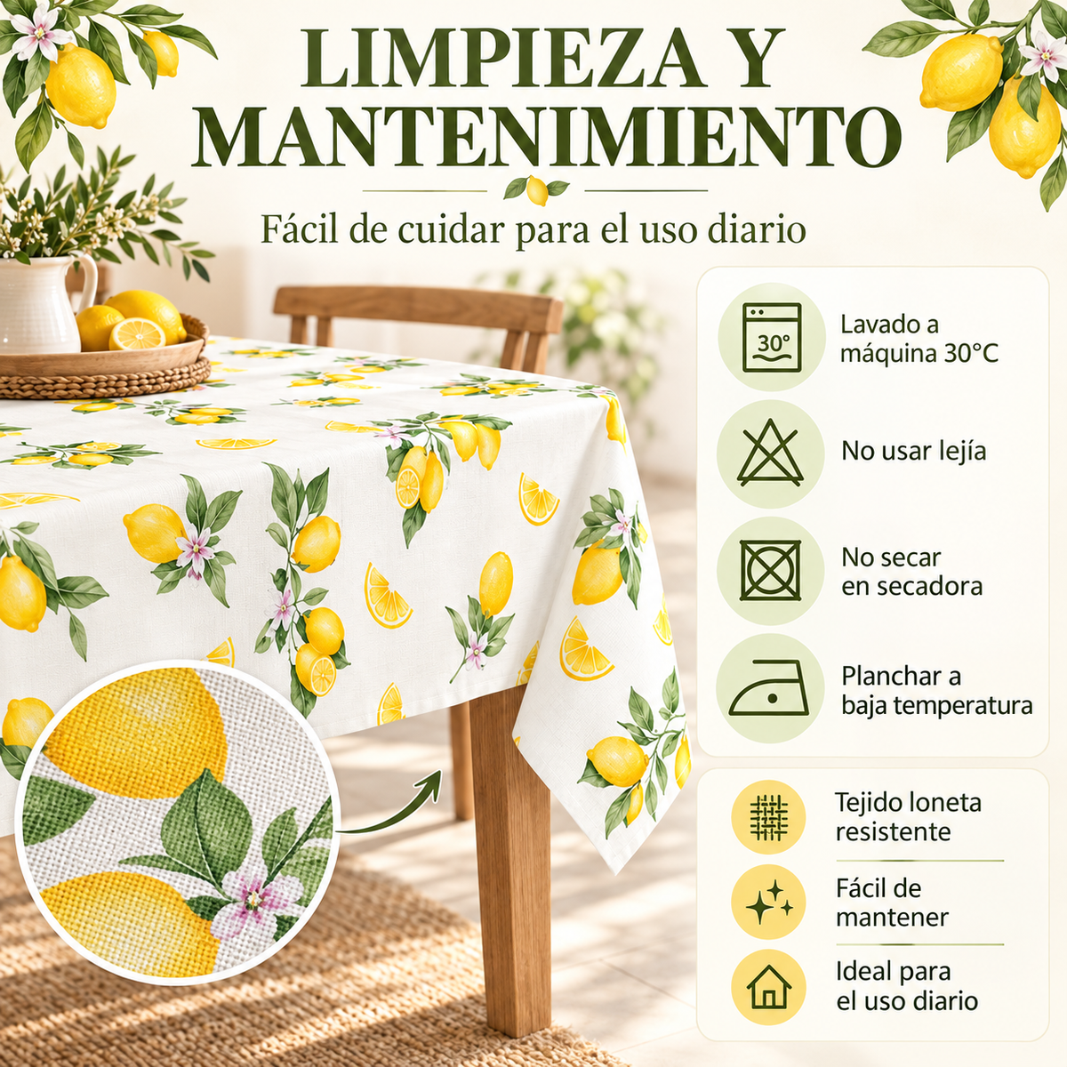 Home Universal® Mantel de Mesa Impermeable y Antimanchas, Tejido de Loneta con Efecto Lino , Liso o Estampado, para Cocina y Comedor (Limones)