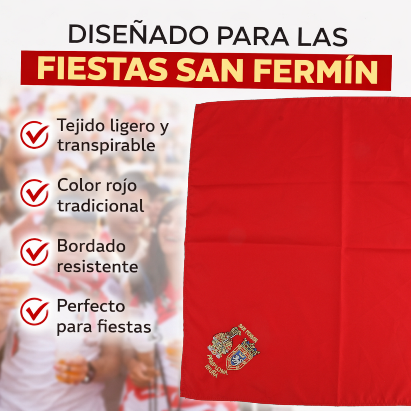 Home Universal® Fiestas Pamplona-Iruña (San Fermín) – Pack Set Accesorios con Pañuelos Rojos y Fajín Rojo Tradicional para Fiestas y Eventos, Estilo Oficial San Fermín (Pañuelo Rojo - Bordado de San Fermín, Escudo de Pamplona)
