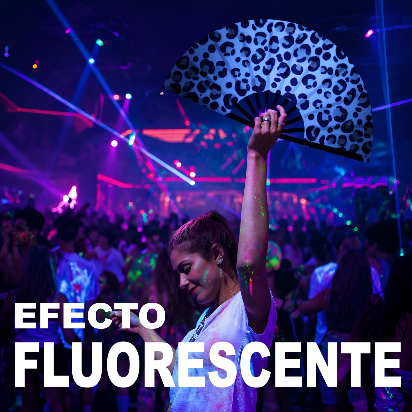 Home Universal® Abanico XXL 33 cm Grande de Plástico con Caja – Plegable, Ligero y Resistente – Efecto Fluorescente Brillante – Ideal para Verano, Fiesta, Discoteca, Pride y Eventos (Leopardo - Beige)