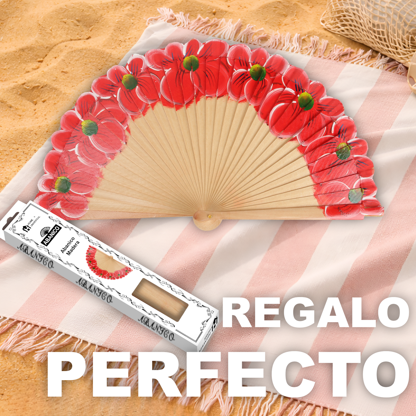 Home Universal®  Abanico 23CM DE Madera Lisa con Tela de Marfil, Abanico de Madera Adornado, Abanico Original - Floral Rojo